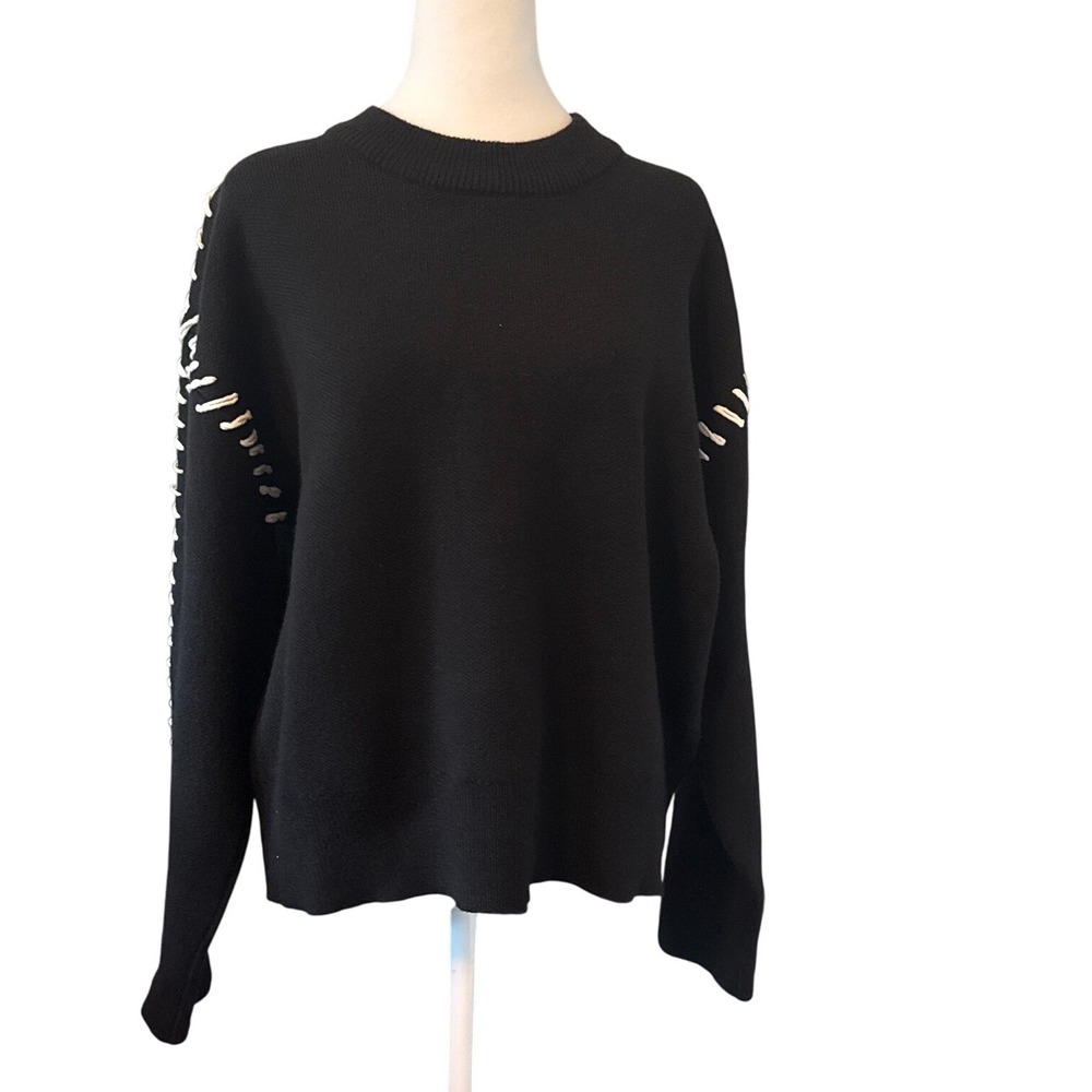 English Factory Womens Black Whipstitch Knit Sweater Long Sleeve Crew Neck Small